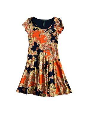Lauren Ralph Lauren Y2K Women S Paisley Print Orange & Navy Short Sleeve Dress